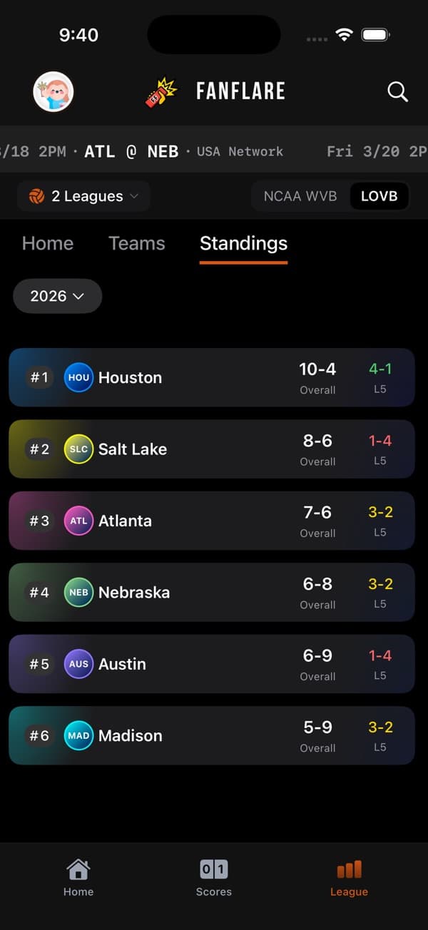 LOVB league standings in the FanFlare App