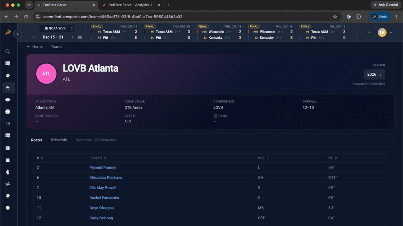 LOVB Atlanta team profile with roster, schedule, and season record